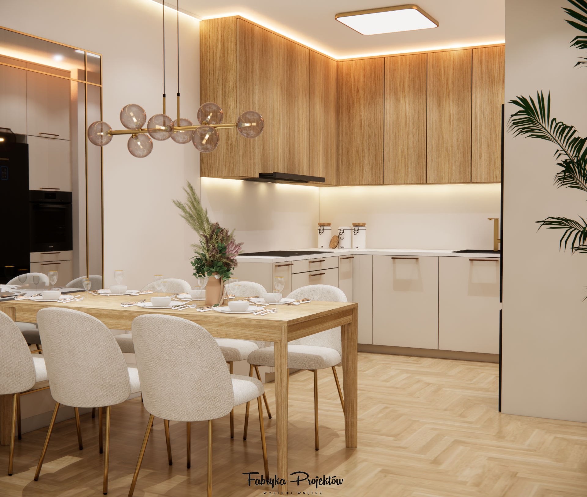 Kuchnia z jadalnią: zabudowa w kształcie L z drewnianymi frontami i stołem dla sześciu osób.